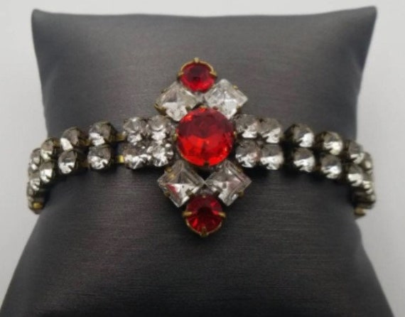 Vintage Czech Ruby Colored Rhinestone Bracelet - … - image 1