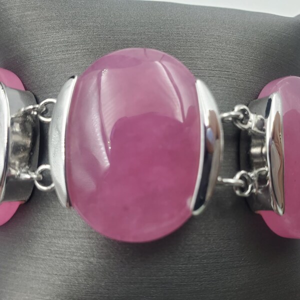 Vintage HSN Oval Pink Gemstone Station Link Bracelet – Sterling Silver