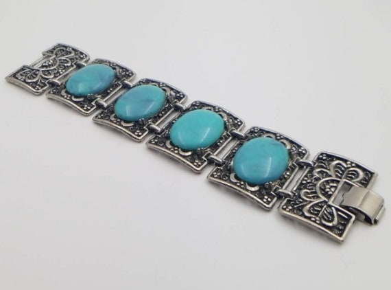 Vintage BOHO Faux Turquoise Ornate Link Bracelet … - image 3