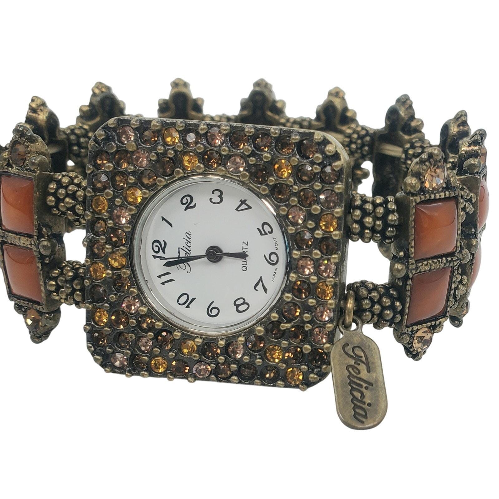 稼働品　FELICITAS フェリシタス　リングウォッチ 手巻きアンティーク時計 Vintage Felicia Crystal Accented Bronzetone Stretch Watch -NOS