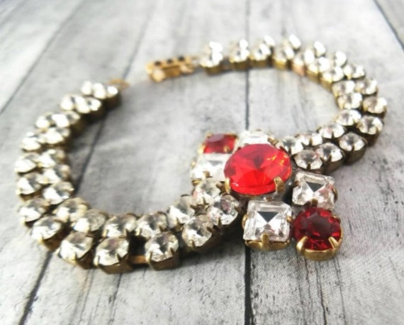 Vintage Czech Ruby Colored Rhinestone Bracelet - … - image 3