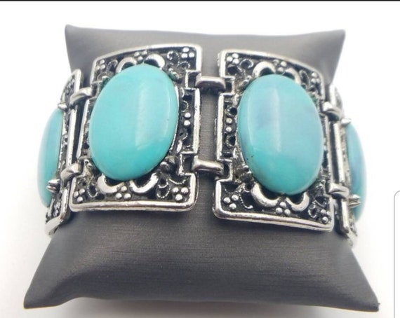 Vintage BOHO Faux Turquoise Ornate Link Bracelet … - image 2