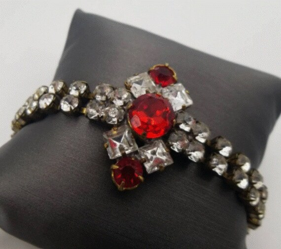 Vintage Czech Ruby Colored Rhinestone Bracelet - … - image 5