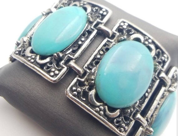 Vintage BOHO Faux Turquoise Ornate Link Bracelet … - image 4