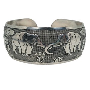 Tibetan Silver Boho Engraved Elephant Cuff Bracelet -Intertwined Trunks