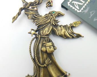 Rare JJ Jonette Artifacts Wizard with Staff and Snake Brooch – Vintage Sorcerer Pin - Merlin - 1980s Gothic Jewelry - Magic Brooch