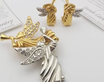 SARAH COVENTRY Angels Speak Convertible Brooch/Pendant and Earrings Set – Vintage Trumpeting Angels – Collectible Christmas Jewelry Set