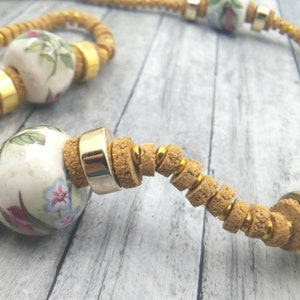 MIRIAM HASKELL Necklace - Cork and Porcelain Beads –  Flower Motif – Vintage Miriam Haskell Jewelry - 1950s Necklaces