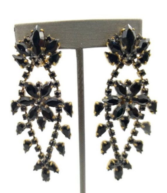 Czech Black Rhinestone Earrings -  Rare Vintage Hu