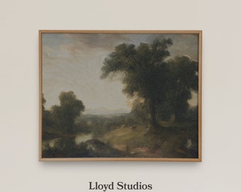 May include: A framed landscape painting with a serene, natural scene. The artwork features a river, trees, and a cloudy sky, rendered in muted greens, browns, and blues. The frame is made of light-colored wood. The text "Lloyd Studios" and "VINTAGE INSPIRED ART" are at the bottom.