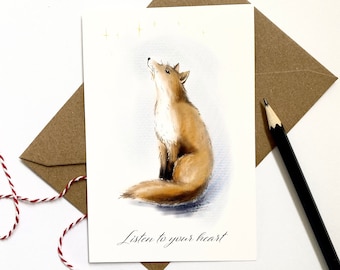Carte avec le renard mignon, carte postale personnalisée " Écoutez votre coeur « , carte d’anniversaire avec des animaux, carte postale d’anniversaire, inclut l’enveloppe