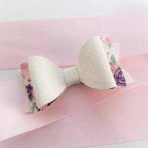 Shimmery White Hair Bow, Purple Floral Bow