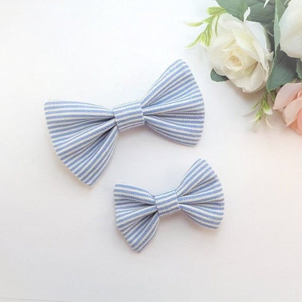 Denim Bow Sibling Set, Blue Sister Brother Bow Set, Matching Bow Tie and Hairbow Set, Striped Bow Tie and Hairbow Set