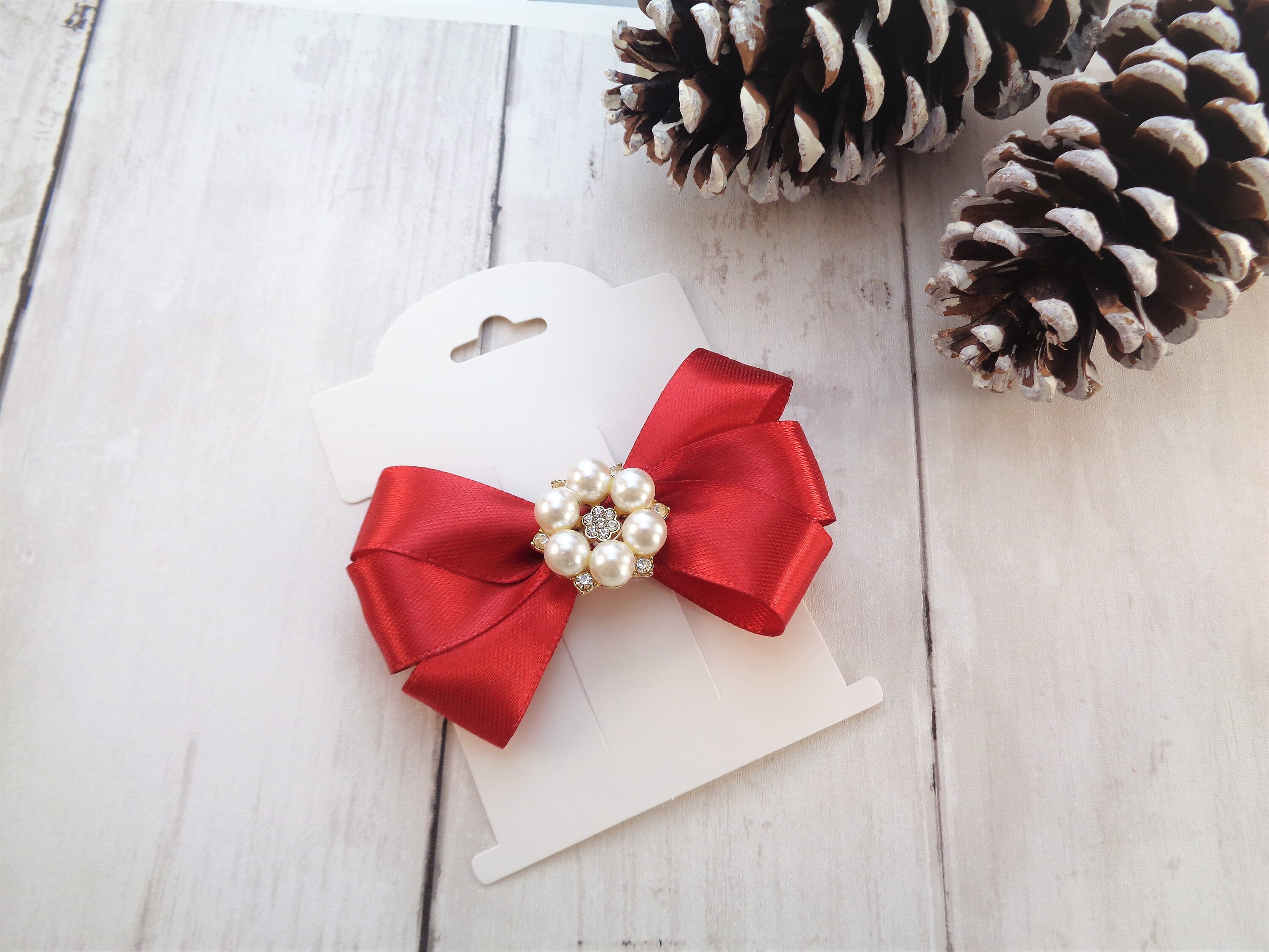 RED Satin Ribbon Hair Clip, Christmas Hair Bow, Holiday Hair  display picture 1
