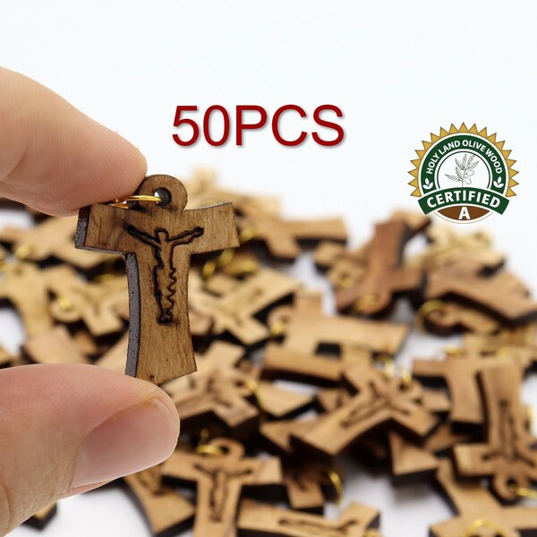 Lot 50 carved Jesus Olive Wood Franciscan Tau Cross Hand Made Holy Land Jerusalem For Necklace