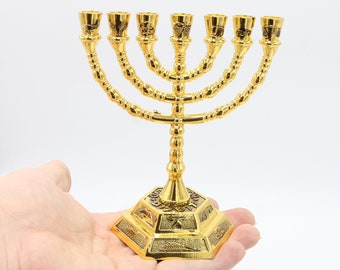 Menorah Hanukkah 7 Israel Brass Judaica Jewish Branch Candle Gold Plated Temple