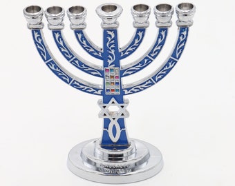 Jewish Menorah 7 Branch Silver Blue Hanukkah Israel Jerusalem Gift Holy Land