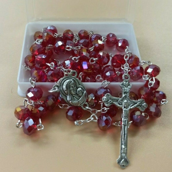 Rosaire rouge de cristal Jérusalem Terre Sainte à l’intérieur du sol Collier Croix Crucifix