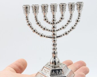 Menorah Hanukkah 7 Israël Judaica Branche Juive Bougie Plaquée Argent Temple