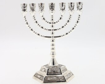 Bougie Menorah Hanukkah 7 Israël Judaica branche juive plaquée argent temple