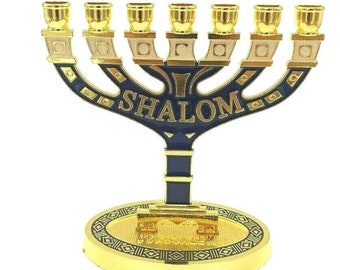 Menorah Star of David 7 Branch Jewish Gold Blue Hanukkah Israel Jerusalem Gift