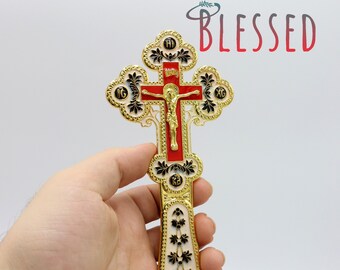 Blessing Cross Father Priest Jerusalem Size 7" Hand Made Metal Gold Color Holy Land Gift