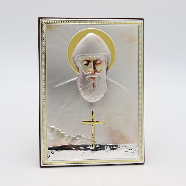 Charbel Makhlouf St Icon Lebanon Gift Wood Saint Silver Gold Maronite Monk Stand