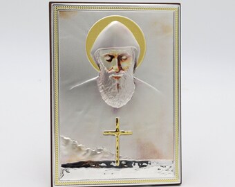 Charbel Makhlouf St Icon Lebanon Gift Wood Saint Silver Gold Maronite Monk Stand