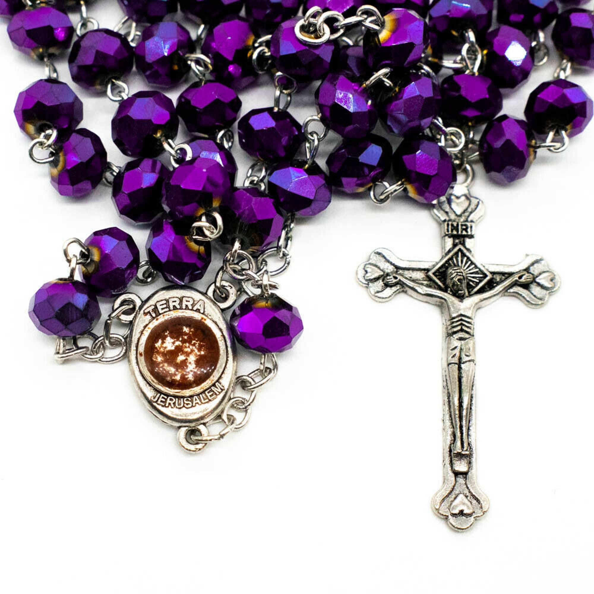 Deep Purple Crystal Beads Rosary Necklace Catholic Holy Soil Etsy