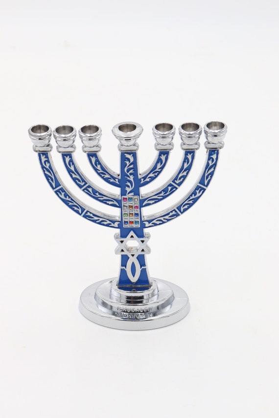 Jewish Menorah 7 Branch Silver Blue Hanukkah Israel Jerusalem Gift