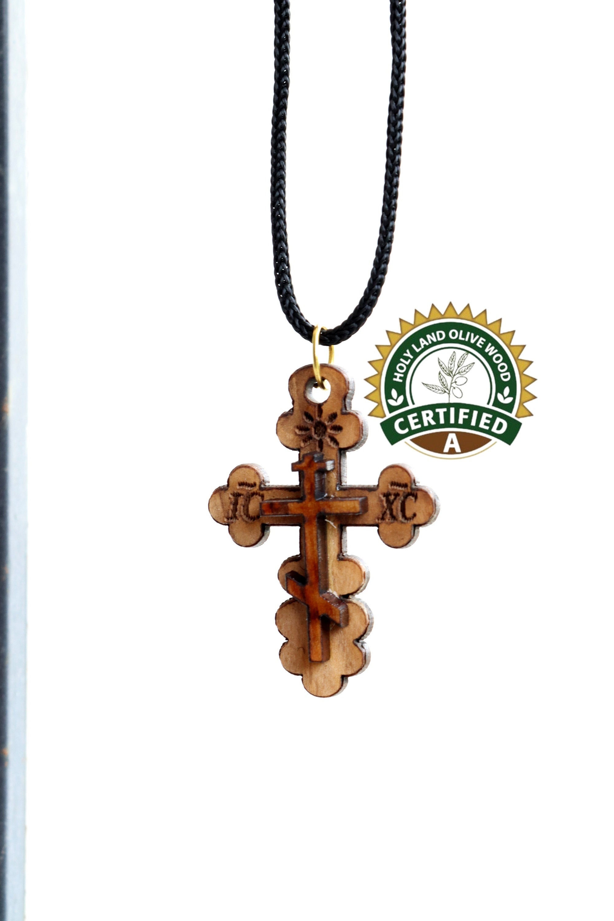 Handmade Olive Wood Orthodox Cross Necklace Holy Land Pendant Christian