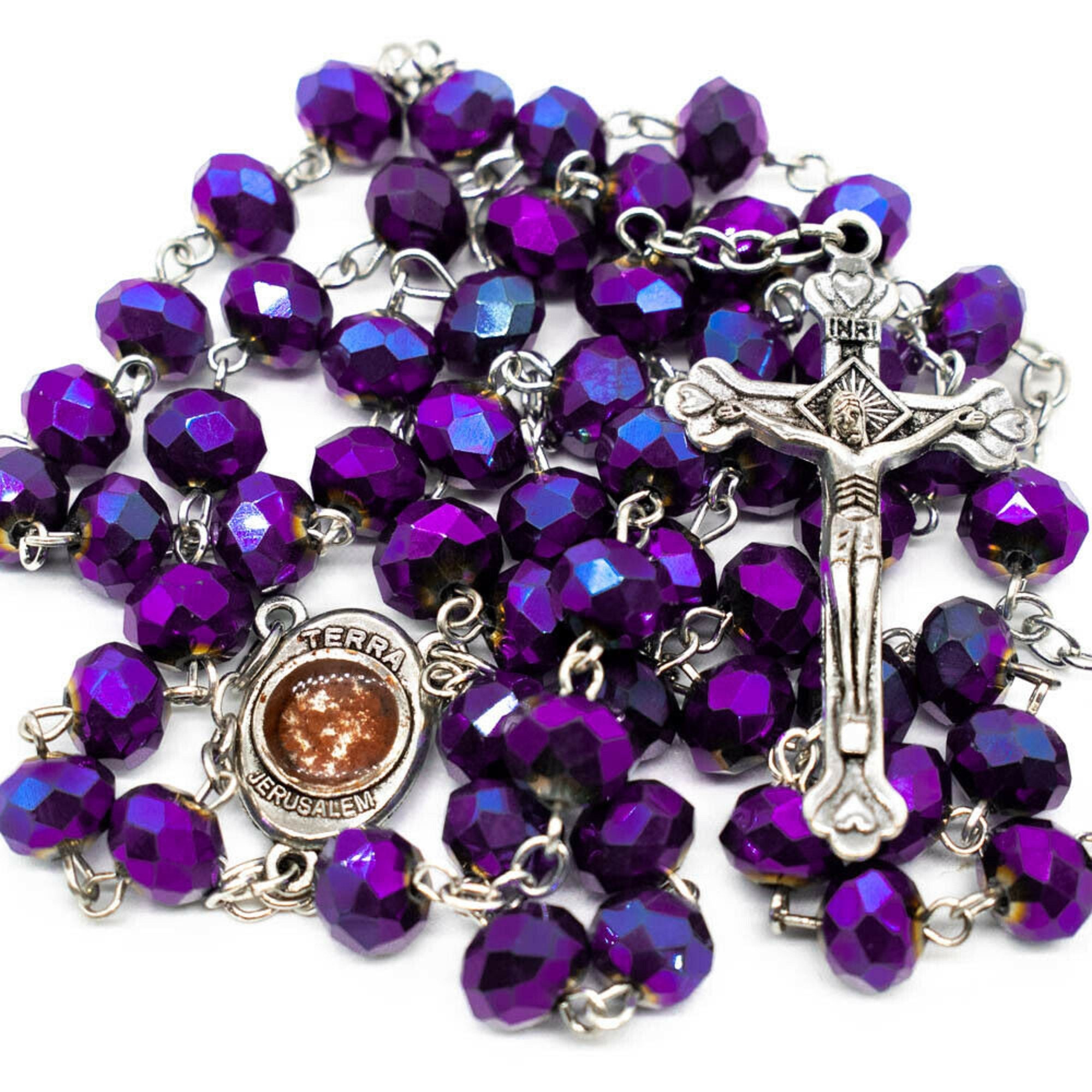 Deep Purple Crystal Beads Rosary Necklace Catholic Holy Soil Etsy