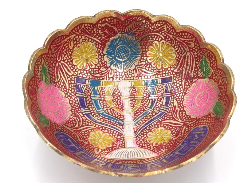 Brass Colored Blue Menorah Candelabrum Jerusalem Handmade Bowl Authentic Armenian Ceramic Design image 3