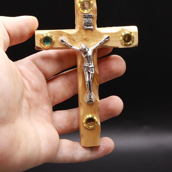 Croix murale en bois d'olivier Terre sainte Crucifix Jérusalem fait main Jésus suspendu