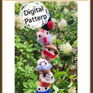 May include: A stack of handmade crochet figures, each depicting a character from a horror movie. The figures are in various colors, including red, blue, and brown, and are stacked vertically. The text "Digital Pattern" is in a white bubble. The words "Spooky Collection" are at the top.