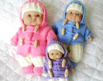 Dolls clothes knitting pattern, Berenguer 5-8 inch, 4 piece duffle coat set,  pdf Instant Digital Download, UK pattern