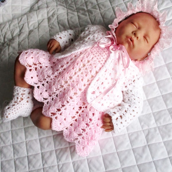 Crochet Pattern baby doll Dress Jacket Bonnet Boots 17-19"  UK terms pdf instant Download