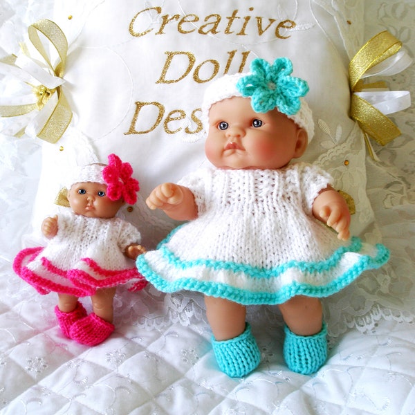 Berenguer Dolls 5-8 inch knitting pattern, Dress flowered Headband shoes set, PDF Digital Download