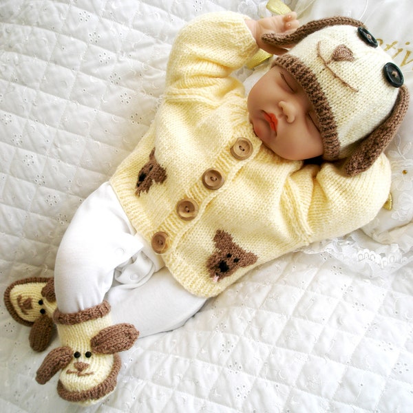 Baby knitting pattern cardigan, pdf, Dog applique, 0-3 Month Baby, 17-22" Reborn Doll, dk digital download