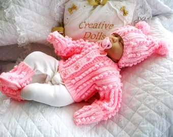 Baby Knitting Pattern Bobble Cardigan Hat mittens Boots, 0-3 Months, Reborn Doll 20-22 inch, PDF Instant Digital Download