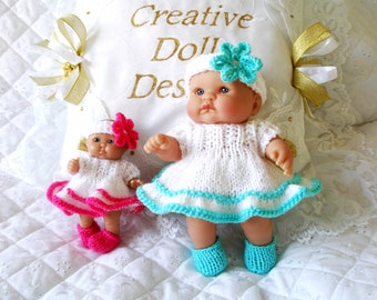 Berenguer Dolls 5-8 inch knitting pattern, Dress flowered Headband shoes set, PDF Digital Download