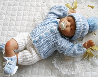 Patrón de punto para cárdigan de bebé niño, 0-3 meses, muñeco reborn de 50-55 cm (20-22 pulgadas), descarga digital en PDF