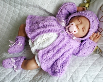 Babygirl clothes knitting pattern matinee Coat Dress Bonnet Hat Bootees, 17-19 inch Reborn Berenguer Doll preemie, Instant PDF Download