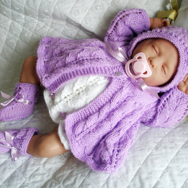 Modèle de tricot de vêtements pour bébé fille le matin, manteau, robe, bonnet, chaussons, prématuré de poupée Reborn Berenguer de 17 à 19 pouces, téléchargement immédiat en PDF