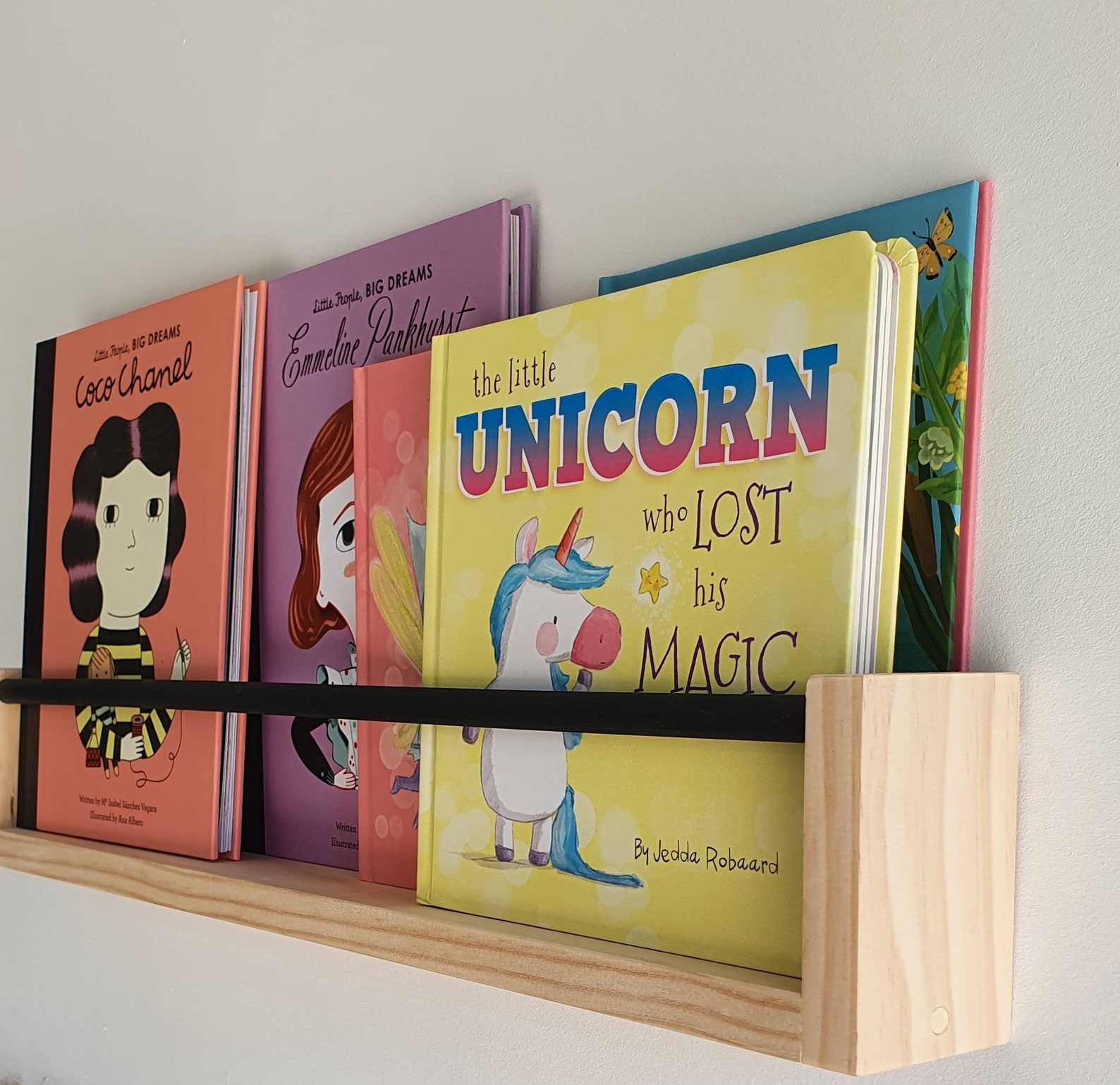 Kids Bookshelf With Black Dowel Wood Nursery Shelf Floating Etsy