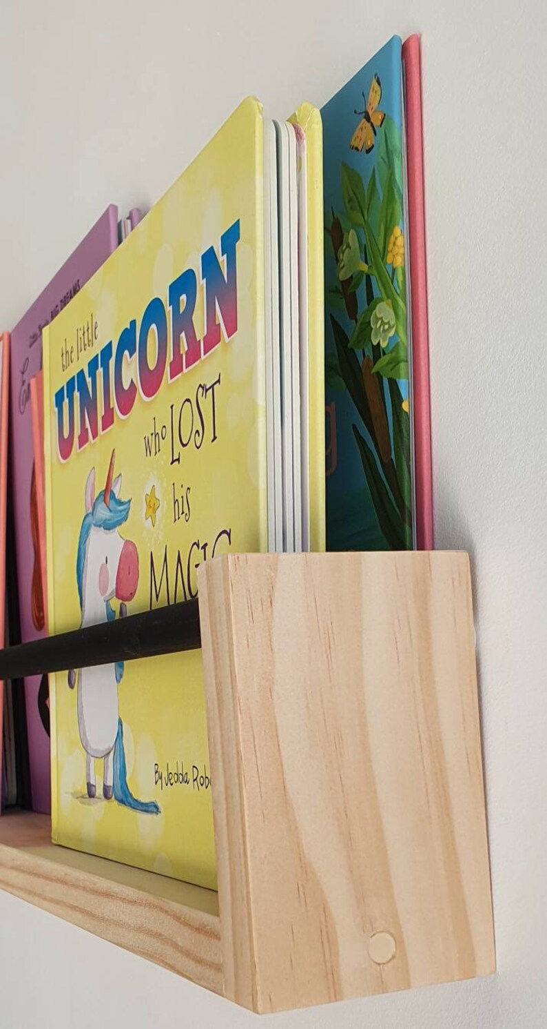 Kids Bookshelf With Black Dowel Wood Nursery Shelf Floating Etsy