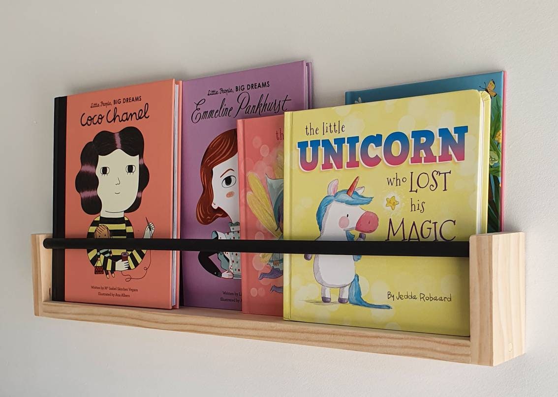 Kids Bookshelf With Black Dowel Wood Nursery Shelf Floating Etsy