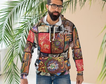 May include: A multi-colored hoodie with a patchwork design featuring various artistic images. The hoodie has a white hood lining and a front pocket. The text "Shaun Michael" is visible on the front and the upper right side of the hoodie.