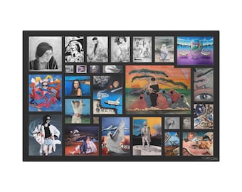 May include: A framed artwork featuring a collage of various paintings and drawings. The artwork includes portraits, abstract designs, and landscapes. The color palette varies, with some pieces in black and white and others in vibrant hues.