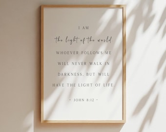 John 8:12 - I am the light of the world, Bible Verse Word Art, Christian Decor, Giclee Print, Christian Wall Art, Scripture Artwork